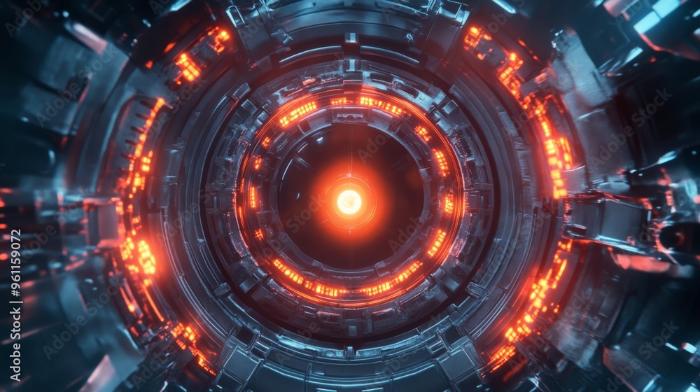 Obraz premium Futuristic circular sci-fi technology interface with glowing lights and intricate details, high-tech digital background.