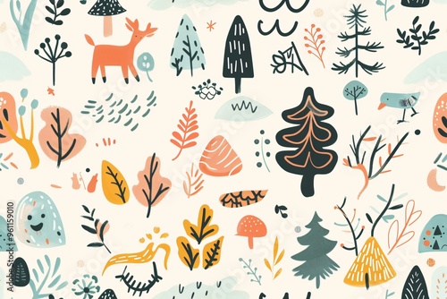 Seamless cute forest pattern with whimsical trees, plants, and leaves in soft pastel colors on white background, perfect for kids fabric and stationery.