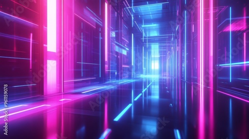 Wallpaper Mural Futuristic corridor with neon lights, showcasing a vibrant and modern digital environment with vivid colors and reflective surfaces. Torontodigital.ca