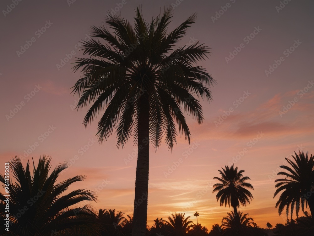 Obraz premium Palm Tree Silhouette Against a Colorful Sunset Sky