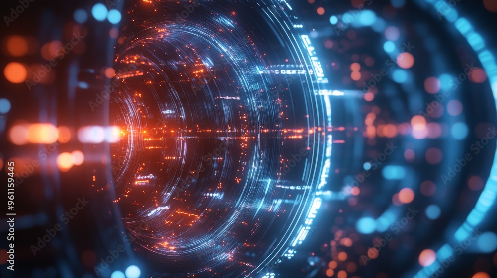 Futuristic digital tunnel with glowing blue and orange lights, creating a sci-fi and technological abstract background. Futuristic digital tunnel with glowing blue and orange lights, creating a sci-fi and technological abstract background.