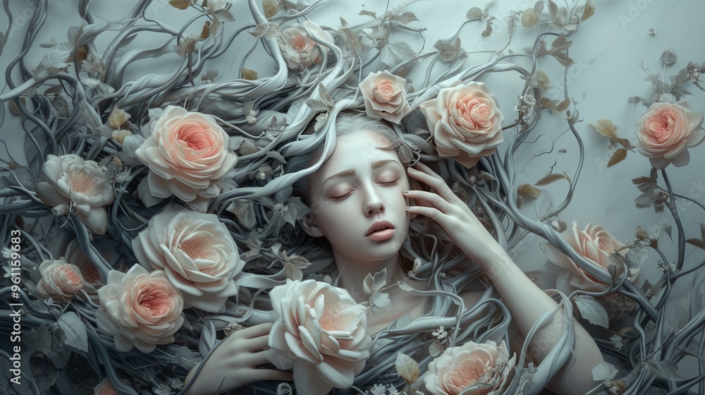 A serene and peaceful woman lies among delicate pale roses, her hair intertwining with intricate vines. The soft color palette and calm expression evoke a sense of tranquility and dreaminess, perfect A serene and peaceful woman lies among delicate pale roses, her hair intertwining with intricate vines. The soft color palette and calm expression evoke a sense of tranquility and dreaminess, perfect