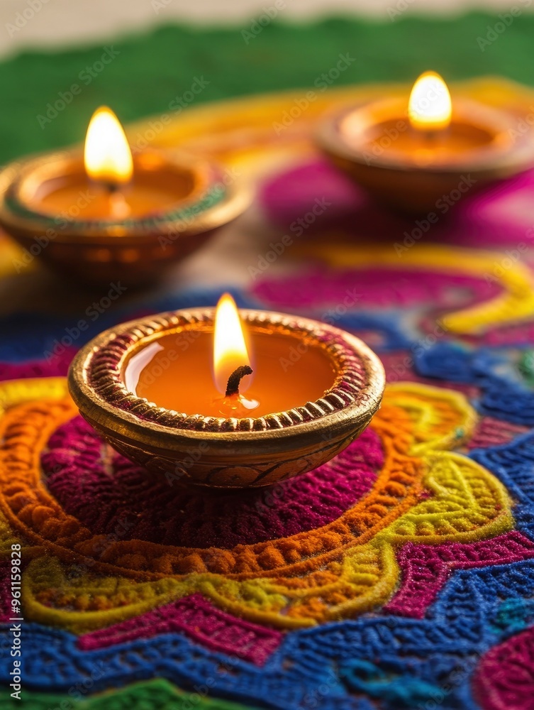 Happy Diwali, Diya oil lamps on colorful rangoli with copy space with generative ai Happy Diwali, Diya oil lamps on colorful rangoli with copy space with generative ai