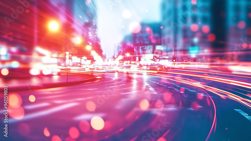 Vibrant City Lights at Night with Motion Blur and Bokeh Effects in an Urban Setting