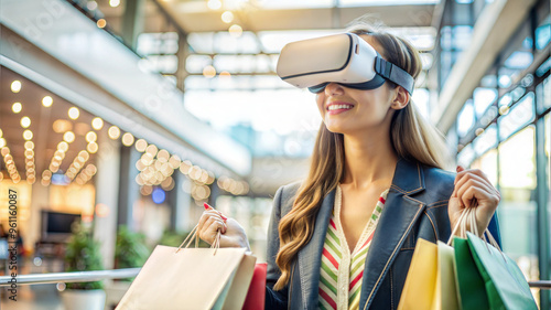 Beautiful young woman using virtual reality headset and holding shopping bags in shopping mall