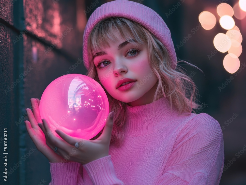 Naklejka premium Trendy Teen Female with Glittering Pink Ball and Phone