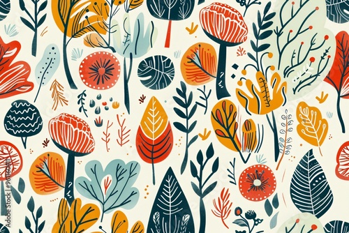 Tree pattern in flat modern style, featuring pastel foliage, seamless nature background.