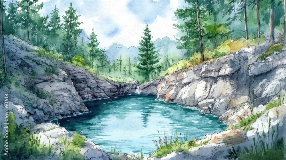 Tranquil Landscape: A Serene Water Scene Amidst Rocky Shores and Lush Trees Tranquil Landscape: A Serene Water Scene Amidst Rocky Shores and Lush Trees