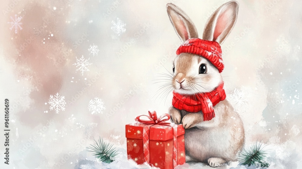 Adorable Winter Rabbit with Holiday Gifts in a Cozy Snowy Scene Adorable Winter Rabbit with Holiday Gifts in a Cozy Snowy Scene