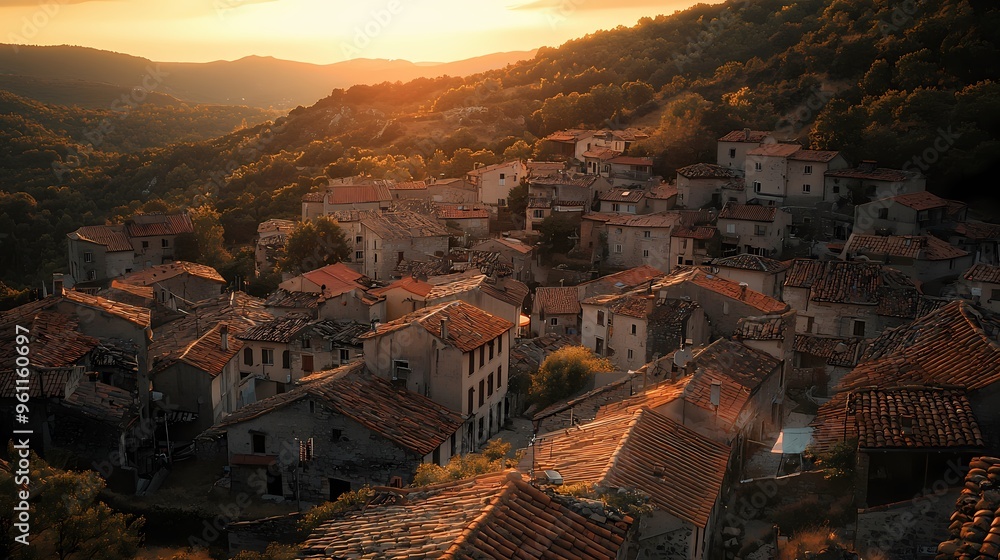 Obraz premium Scenic sunset over a rustic hilltop village with terracotta roofs.