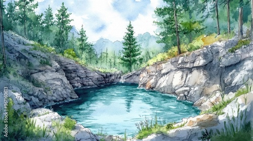 Tranquil Landscape: A Serene Water Scene Amidst Rocky Shores and Lush Trees