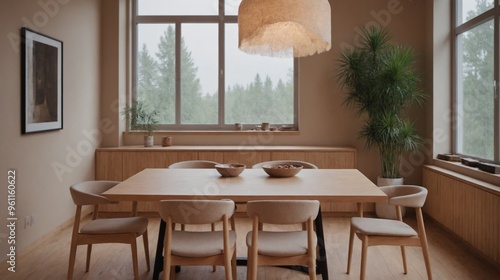 A small wooden theme dining room interior design image.