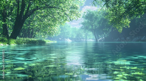 Serene river scene surrounded by lush greenery and tranquil water.