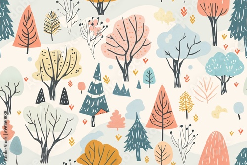 Colorful Illustration of a Forest. Modern flat seamless pattern of abstract forest trees and branches in soft pastel.