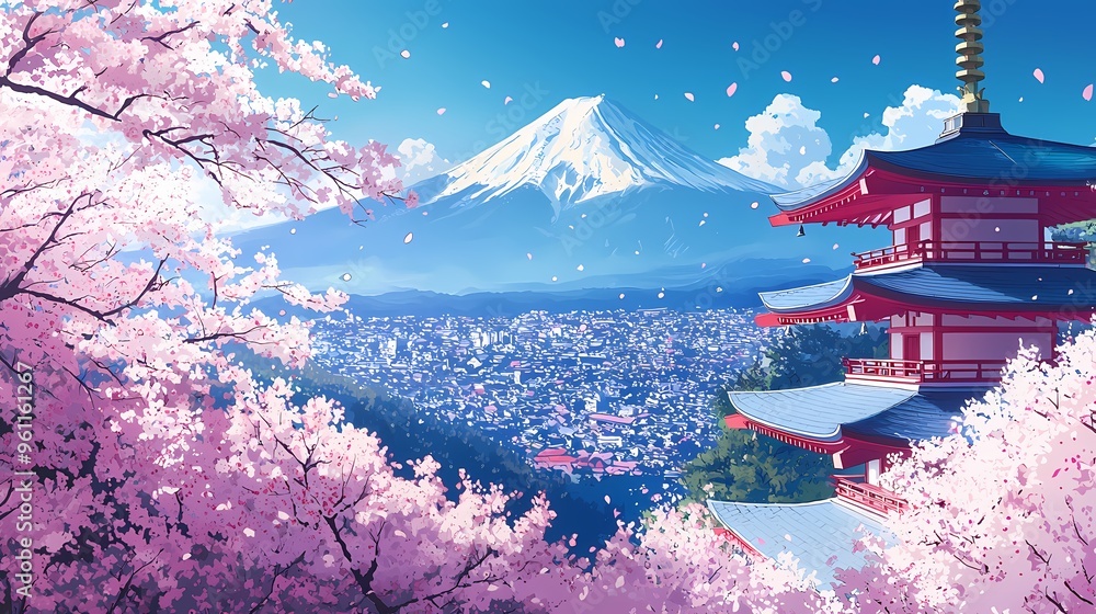 Obraz premium Serene view of a temple under cherry blossoms with Mount Fuji in the background.