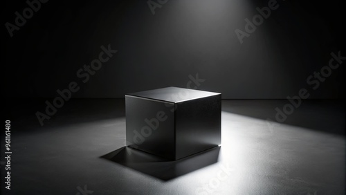 A black box casting a shadow on a black floor and wall