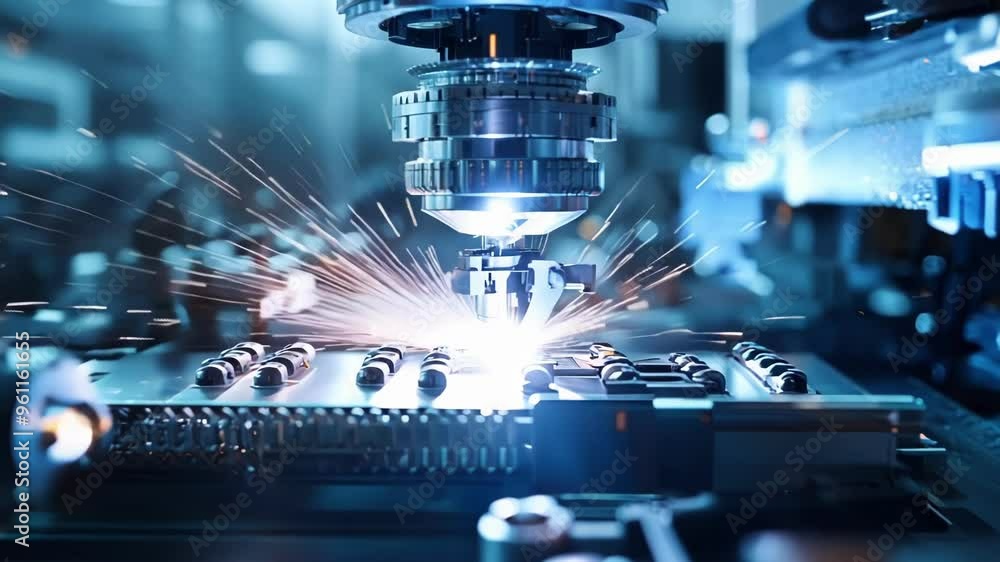 Robotic arm is welding a piece of metal in an industrial setting, with sparks flying. The image evokes a sense of precision and innovation Robotic arm is welding a piece of metal in an industrial setting, with sparks flying. The image evokes a sense of precision and innovation