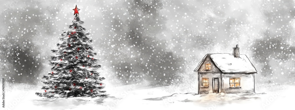 Fototapeta premium A Cozy Winter Scene with a Beautiful Christmas Tree and a Snowy House