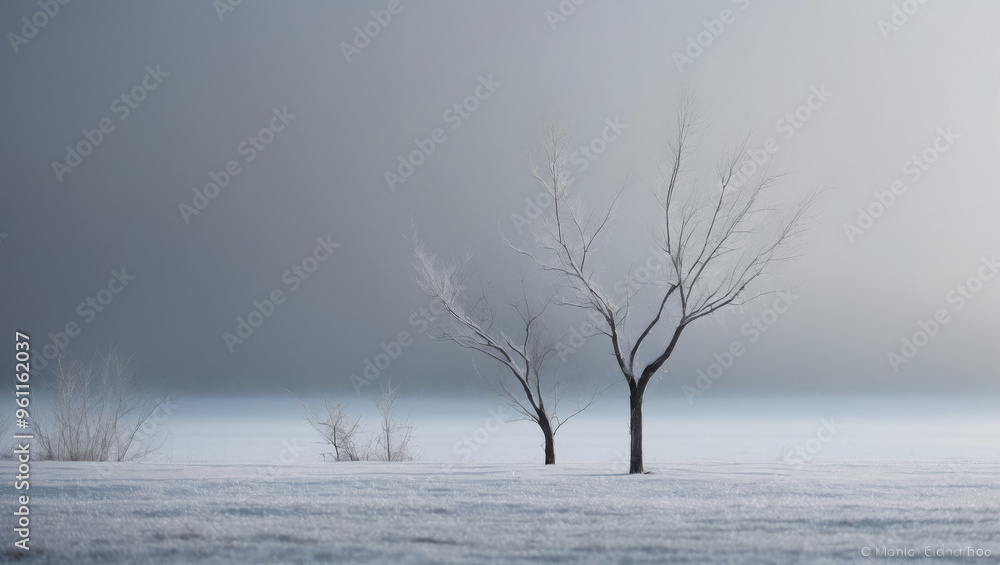 Fototapeta premium Blurred winter background of a snowy field with trees