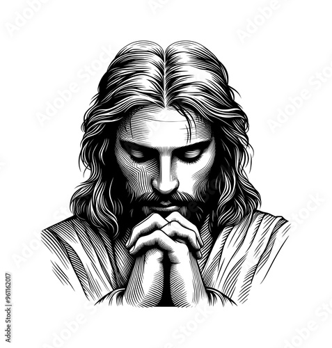 line art sketch drawing- jesus christ praying (artwork 9)