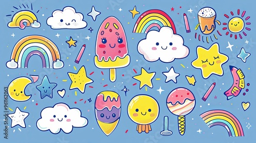 Cheerful Cartoon Characters and Symbols on a Blue Background