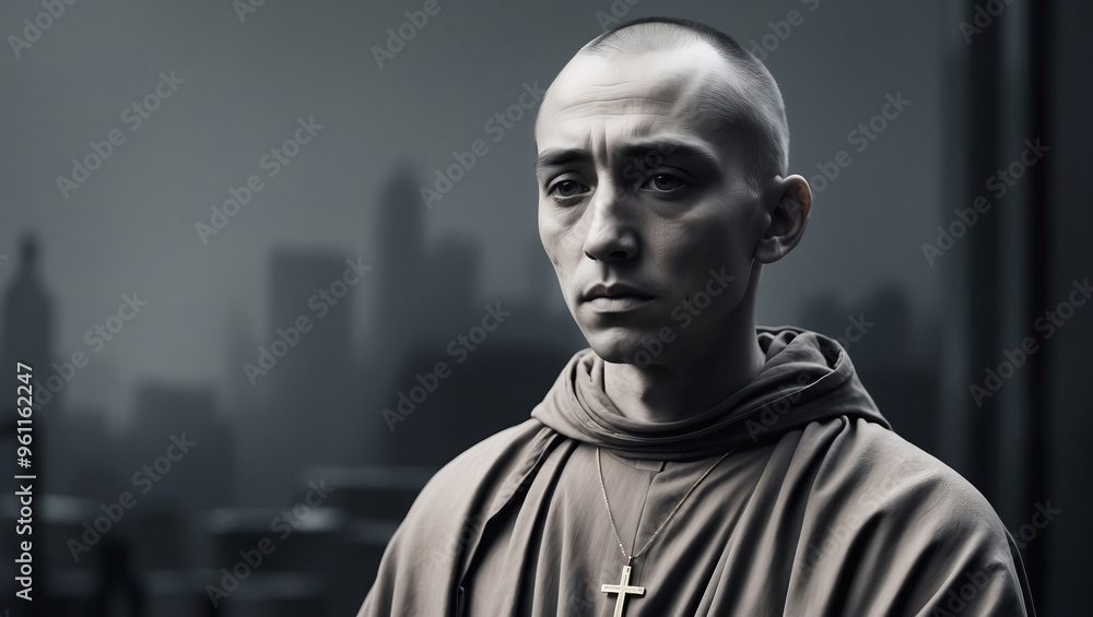 An upset monk on the background of a metropolis. An upset monk on the background of a metropolis.