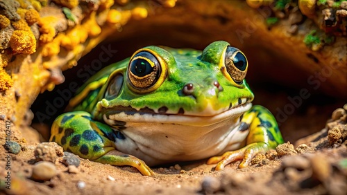 A vibrant green blunt-headed burrowing frog with distinct dark markings and bright yellow eyes peers out from a hole in the sandy soil. photo