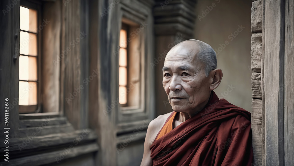 Naklejka premium An old Buddhist monk in a temple