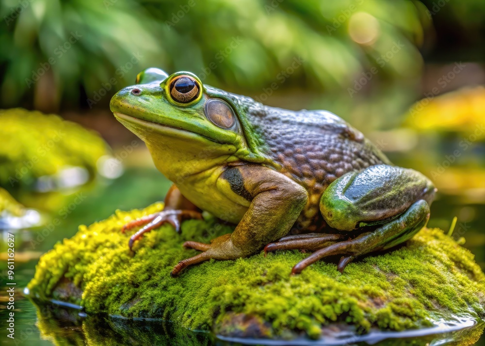 A vibrant green female American bullfrog perches on a moss-covered rock near a serene pond, showcasing its striking colors and detailed textures in natural habitat. A vibrant green female American bullfrog perches on a moss-covered rock near a serene pond, showcasing its striking colors and detailed textures in natural habitat.