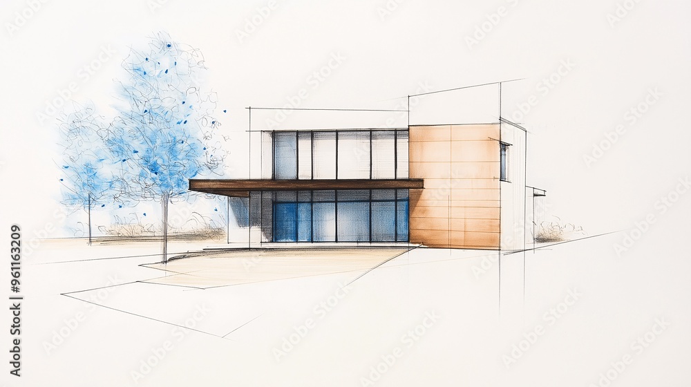 Modern Minimalist Dream Home: Architectural sketch of a sleek, contemporary house with clean lines, nestled amongst nature. Modern Minimalist Dream Home: Architectural sketch of a sleek, contemporary house with clean lines, nestled amongst nature.