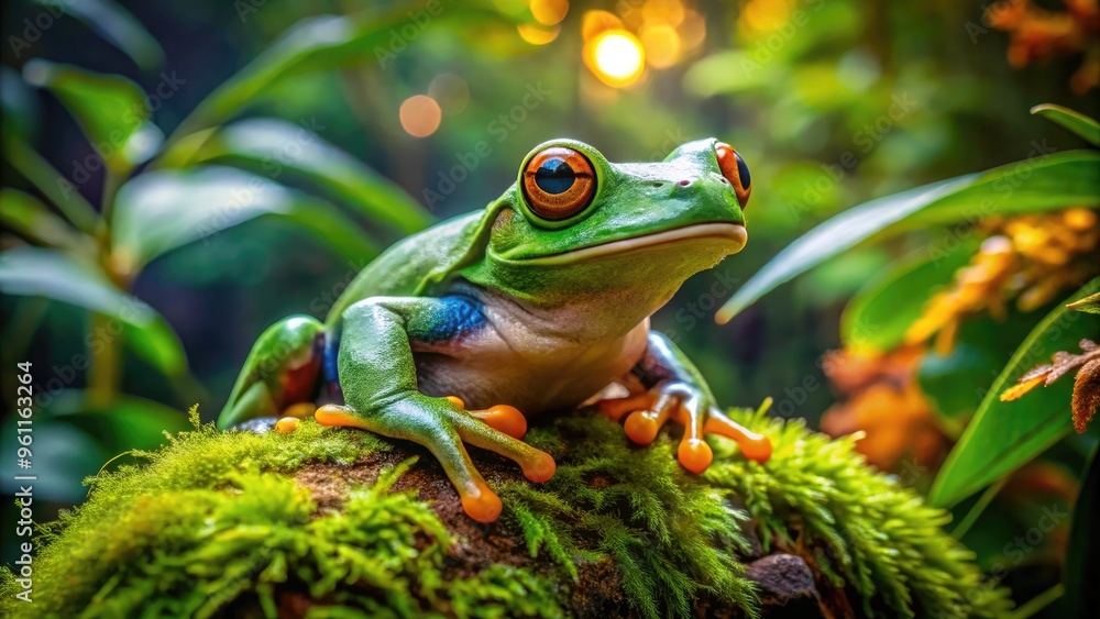 A vibrant green frog with bright golden eyes perches on a moss-covered stone, surrounded by lush tropical plants, in a serene and peaceful environment. A vibrant green frog with bright golden eyes perches on a moss-covered stone, surrounded by lush tropical plants, in a serene and peaceful environment.