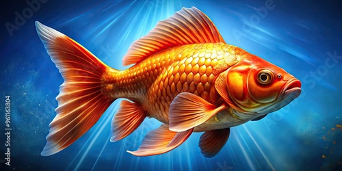 A vibrant orange fish with exaggerated, rippling muscular physique swims against a bright blue background, showcasing its remarkable strength and aquatic power. photo