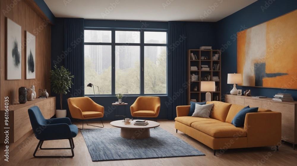 Fototapeta premium High-resolution living room interior design images with a yellow sofa set, and empty interior mock-up templates.