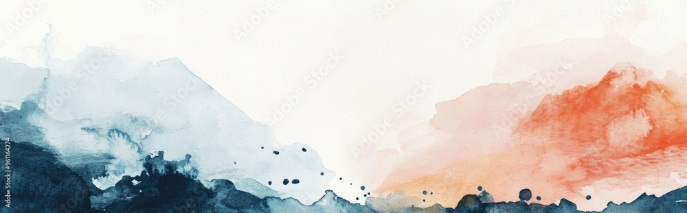 Fototapeta premium Serene Watercolor Landscape with Blue and Orange Hues for Tranquil Artistic Spaces