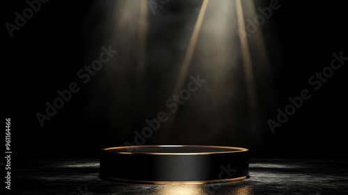 A black pedestal with a gold trim sits on a black surface illuminated by spotlights.
