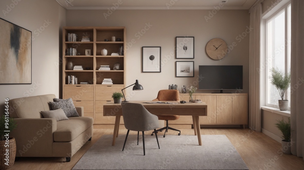 Fototapeta premium A beautiful living cum study room interior design, An empty interior room mockup template design.