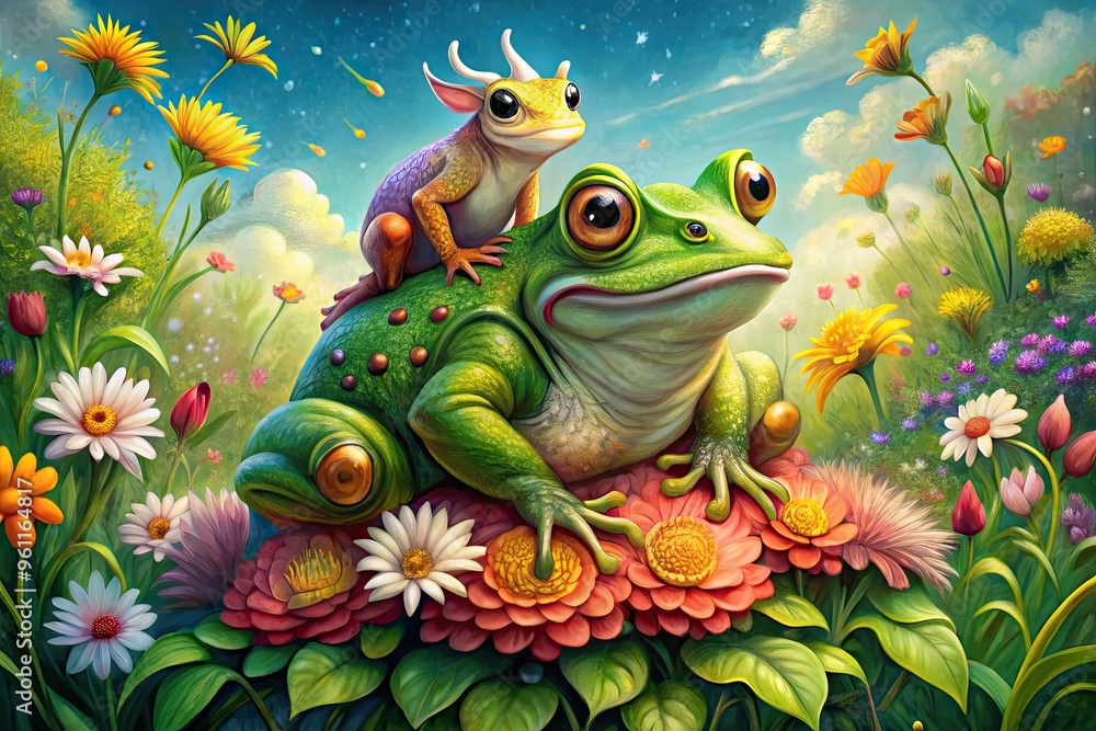 Fototapeta premium A whimsical illustration of a confident frog sitting on a bull's back, surrounded by vibrant flowers and leaves, conveying a sense of friendship and harmony.