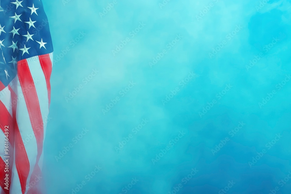 Obraz premium Happy Veterans Day background, American flag on blue fog background, November 11, American flag Memorial Day, July 4, Labor Day, Independence Day, copy-space with generative ai