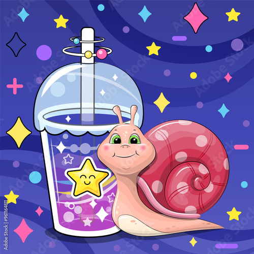 Cute cartoon snail with a big star drink. Vector illustration of an animal and a cup of colorful water on a dark blue background with stars and dots.