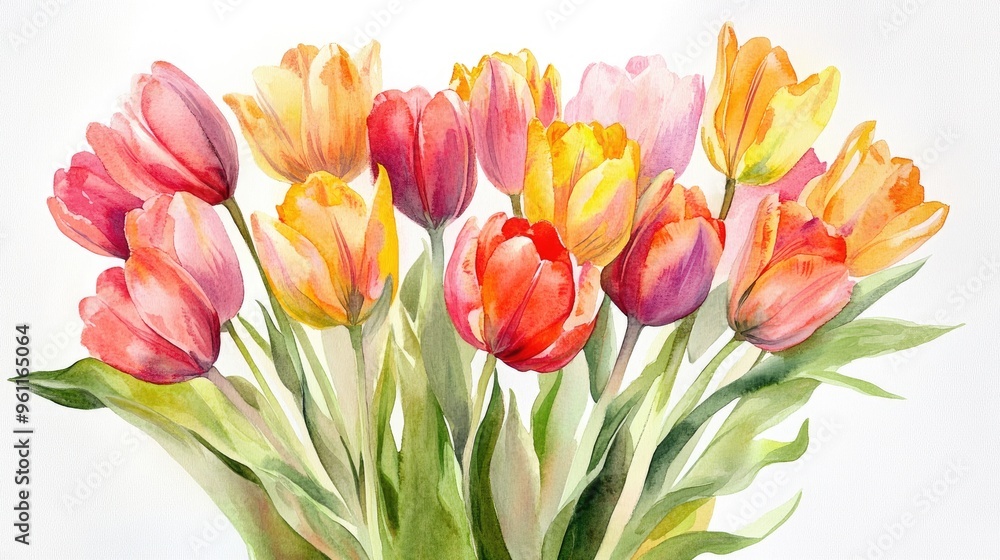 Obraz premium Vibrant Watercolor Tulip Bouquet: A Celebration of Color and Nature's Beauty