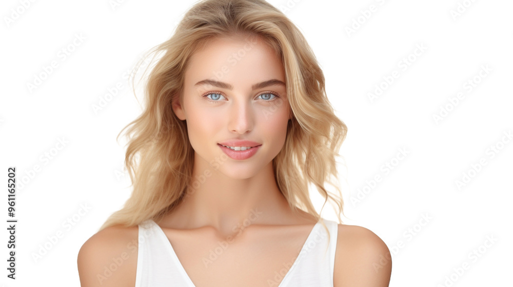 Smiling young woman with blonde long groomed hair isolated on transparent background PNG.
Smiling young woman with blonde long groomed hair isolated on transparent background PNG.