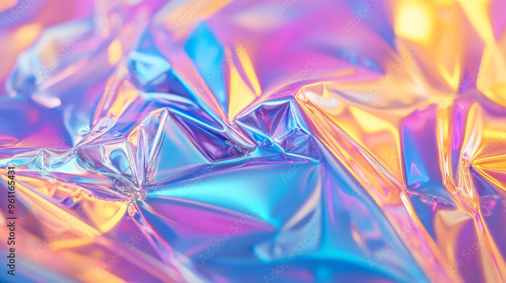 Vibrant iridescent foil texture with a mix of blue, purple, and yellow hues creating a holographic effect. Abstract and colorful background. Vibrant iridescent foil texture with a mix of blue, purple, and yellow hues creating a holographic effect. Abstract and colorful background.
