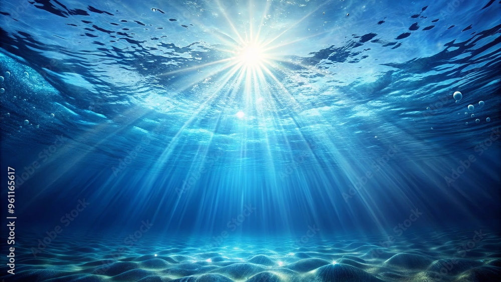 Tranquil blue ocean with bubbles and sunlight shining through, creating a mesmerizing underwater scene Tranquil blue ocean with bubbles and sunlight shining through, creating a mesmerizing underwater scene