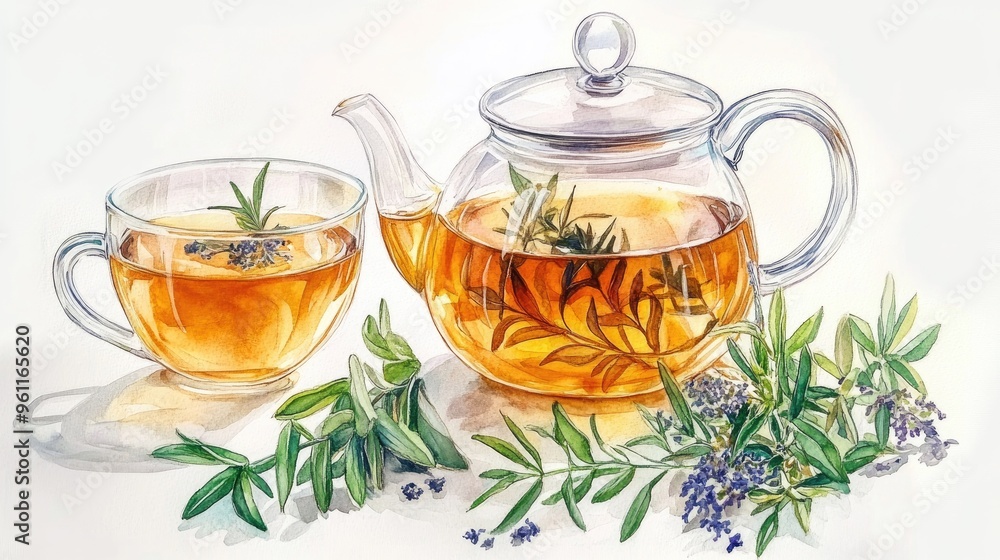 Aromatic Herbal Tea in a Glass Teapot and Cup with Lavender Enhancing the Natural Romance of Tea Time
