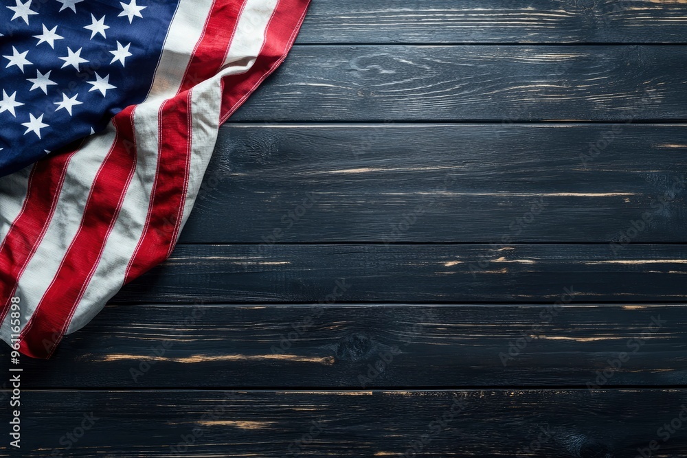 Obraz premium Happy Veterans day concept with flag of the United States and the text on black wooden background with generative ai