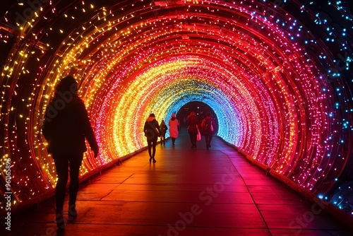 Silhouettes of people walking through a vibrant, illuminated fairy light tunnel.