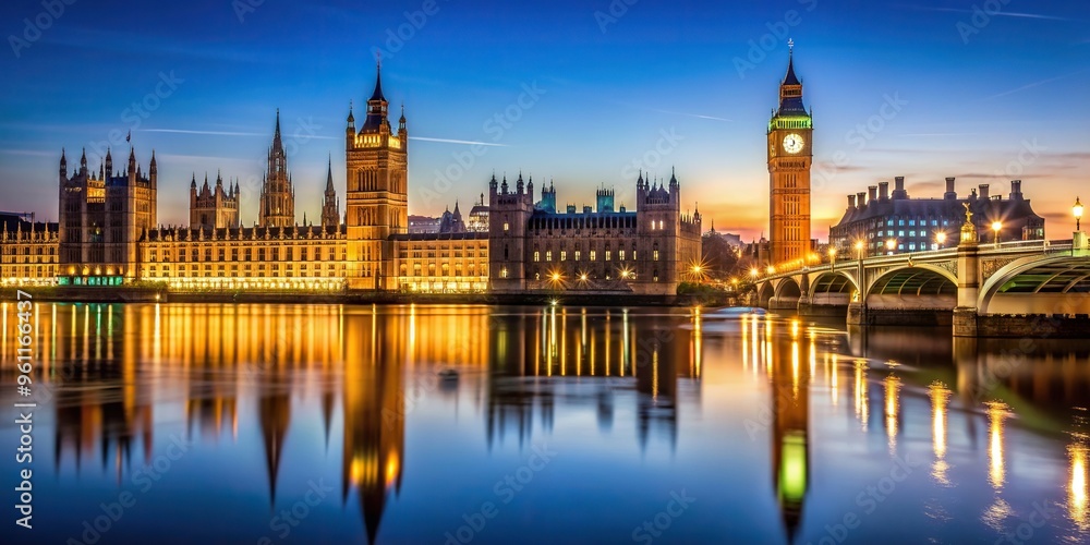 Naklejka premium British culture, river, vibrant, famous, travel, iconic, Big Ben and Westminster Bridge stand tall and illuminate the evening sky casting a stunning reflection in the River Thames