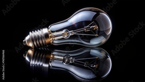 A close up photo of a single lightbulb on a black background showcasing a crisp reflection and utilizing forced perspective, clarity, innovation, energy, shiny, incandescent, glowing