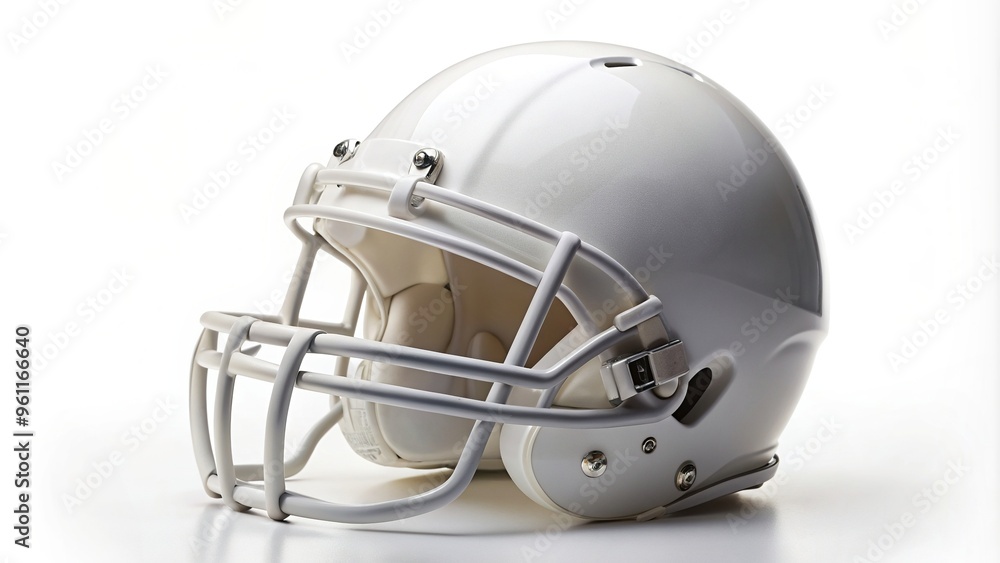 Naklejka premium White American football helmet isolated on white background, player, sportswear, safety, play, NFL, competition, collision,white, sports, gear, offense, concussion, football helmet, head