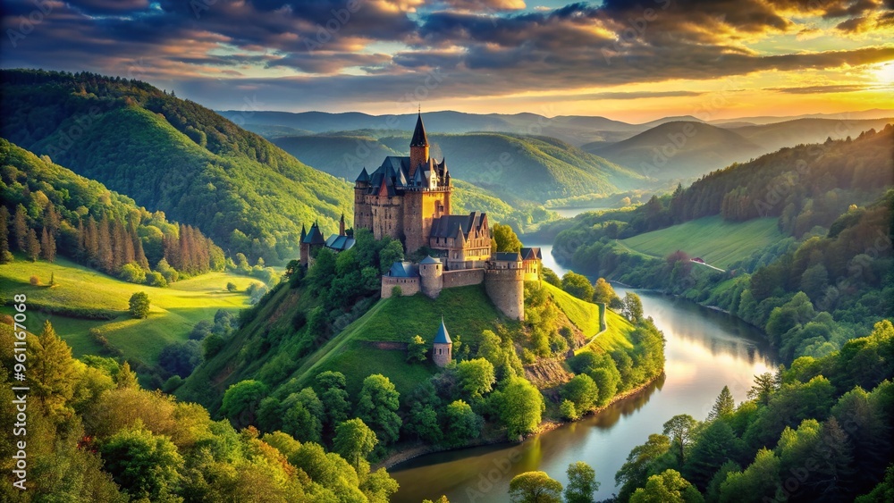greenery, rolling hills, A stunning fairy tale castle perched on a picturesque hilltop surrounded by an asymmetrical landscape of rolling hills lush greenery and a winding river greenery, rolling hills, A stunning fairy tale castle perched on a picturesque hilltop surrounded by an asymmetrical landscape of rolling hills lush greenery and a winding river